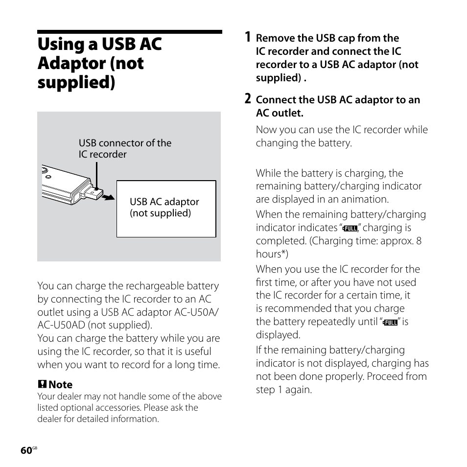 Using a usb ac adaptor (not supplied), Using a usb ac adaptor, Not supplied) | Sony ICD-UX60 User Manual | Page 60 / 68