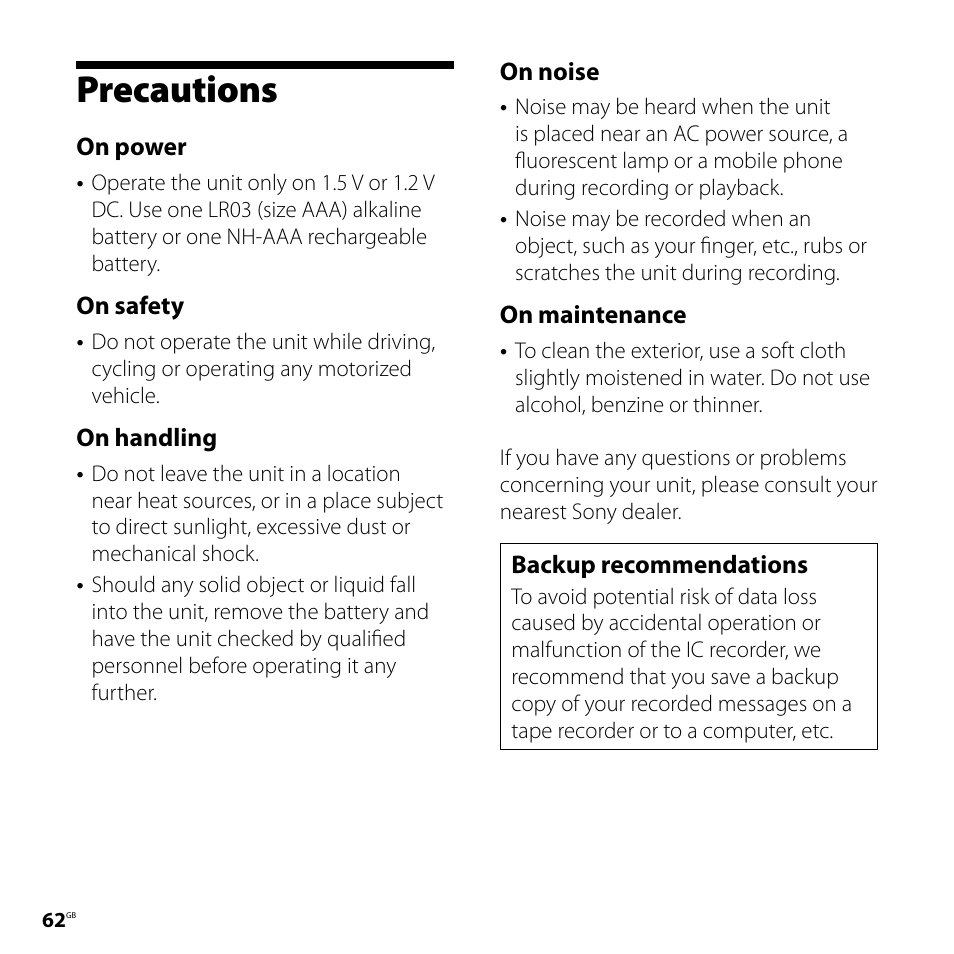 Precautions, On power, On safety | On handling, On noise, On maintenance, Backup recommendations | Sony ICD-UX60 User Manual | Page 62 / 68