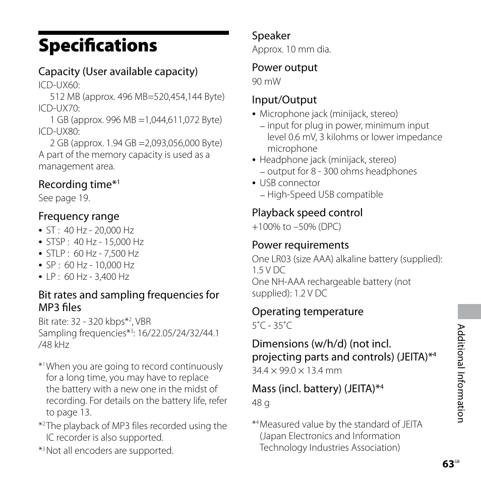 Specifications | Sony ICD-UX60 User Manual | Page 63 / 68