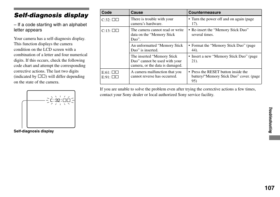 Self-diagnosis display | Sony Cyber-shot DSC-L1 User Manual | Page 107 / 128