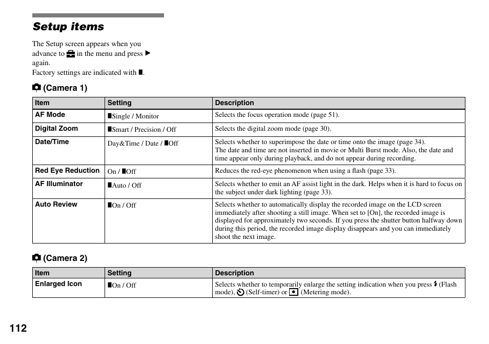 Setup items | Sony Cyber-shot DSC-L1 User Manual | Page 112 / 128