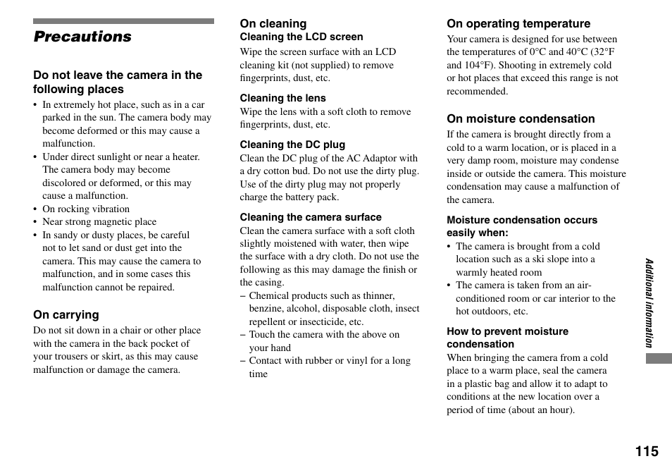Precautions | Sony Cyber-shot DSC-L1 User Manual | Page 115 / 128