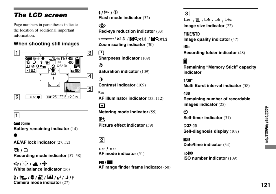 The lcd screen, When shooting still images | Sony Cyber-shot DSC-L1 User Manual | Page 121 / 128