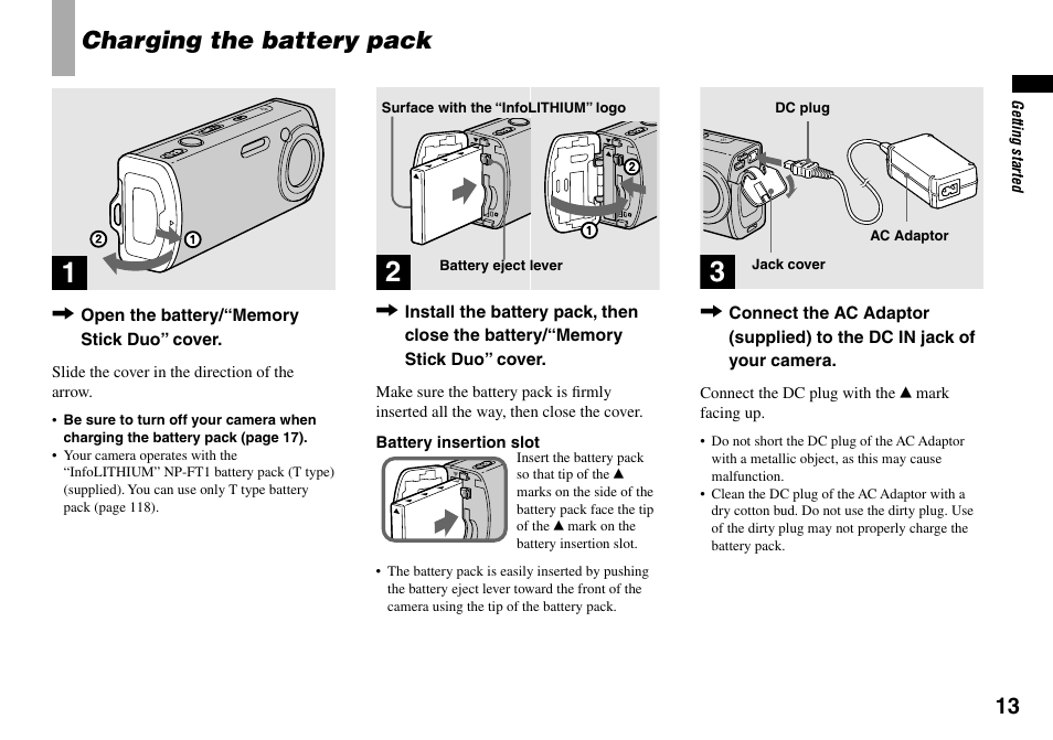 Getting started, Charging the battery pack | Sony Cyber-shot DSC-L1 User Manual | Page 13 / 128