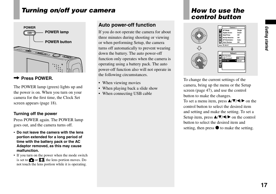 Turning on/off your camera, How to use the control button, Auto power-off function | Press power | Sony Cyber-shot DSC-L1 User Manual | Page 17 / 128
