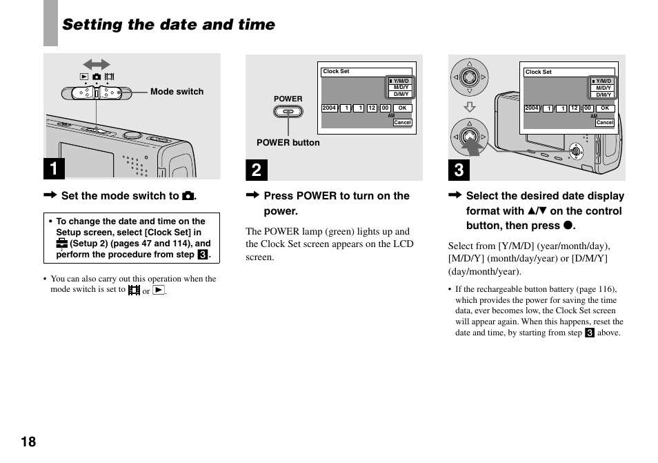 Setting the date and time, Set the mode switch to, Press power to turn on the power | Sony Cyber-shot DSC-L1 User Manual | Page 18 / 128