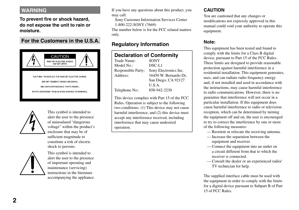 Sony Cyber-shot DSC-L1 User Manual | Page 2 / 128