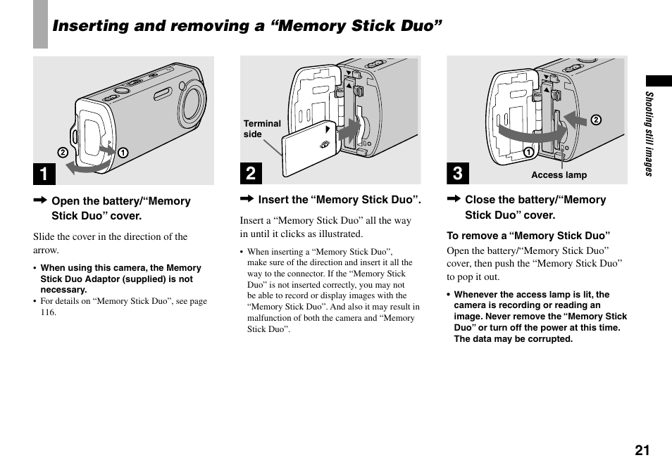 Shooting still images, Inserting and removing a “memory stick | Sony Cyber-shot DSC-L1 User Manual | Page 21 / 128