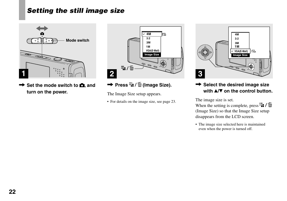 Setting the still image size | Sony Cyber-shot DSC-L1 User Manual | Page 22 / 128