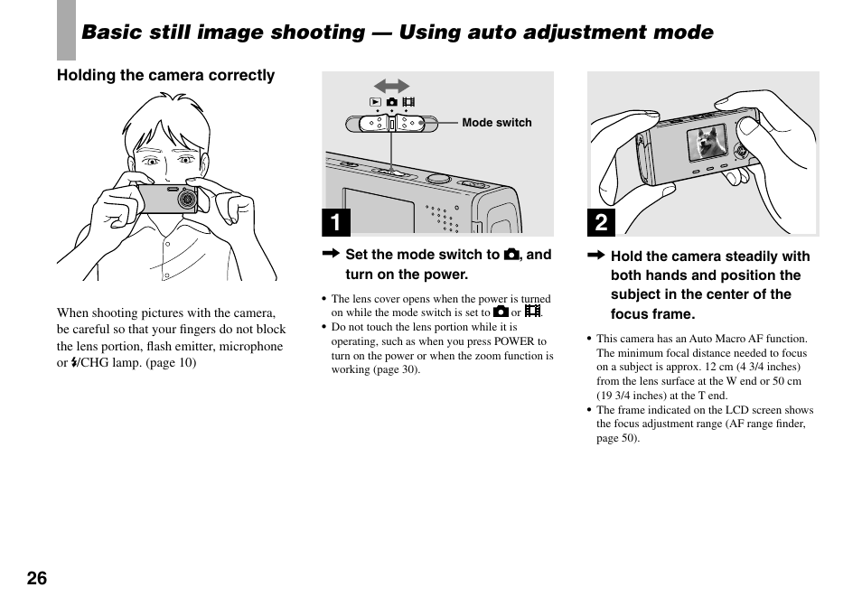 Basic still image shooting, Using auto adjustment mode | Sony Cyber-shot DSC-L1 User Manual | Page 26 / 128