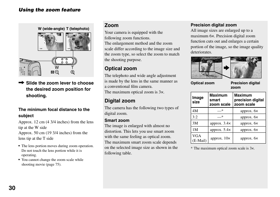 Using the zoom feature, Zoom, Optical zoom | Digital zoom | Sony Cyber-shot DSC-L1 User Manual | Page 30 / 128