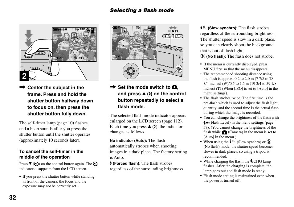 Selecting a ﬂash mode | Sony Cyber-shot DSC-L1 User Manual | Page 32 / 128