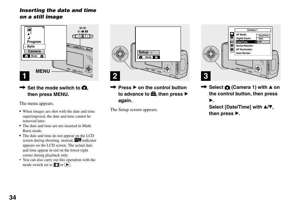 Inserting the date and time on a still, Image, Inserting the date and time on a still image | Sony Cyber-shot DSC-L1 User Manual | Page 34 / 128