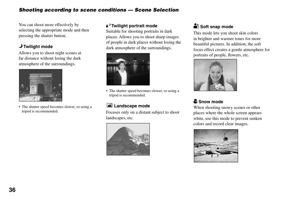 Shooting according to scene conditions, Scene selection | Sony Cyber-shot DSC-L1 User Manual | Page 36 / 128