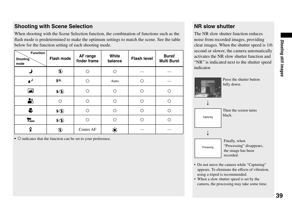 Shooting with scene selection, Nr slow shutter | Sony Cyber-shot DSC-L1 User Manual | Page 39 / 128