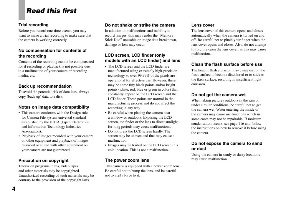 Read this ﬁrst | Sony Cyber-shot DSC-L1 User Manual | Page 4 / 128