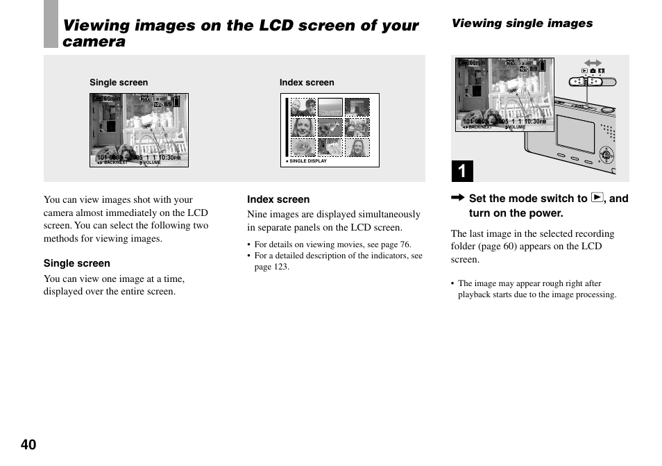 Viewing still images, Viewing images on the lcd screen of, Your camera | Viewing single images, Viewing images on the lcd screen of your camera, Set the mode switch to , and turn on the power | Sony Cyber-shot DSC-L1 User Manual | Page 40 / 128