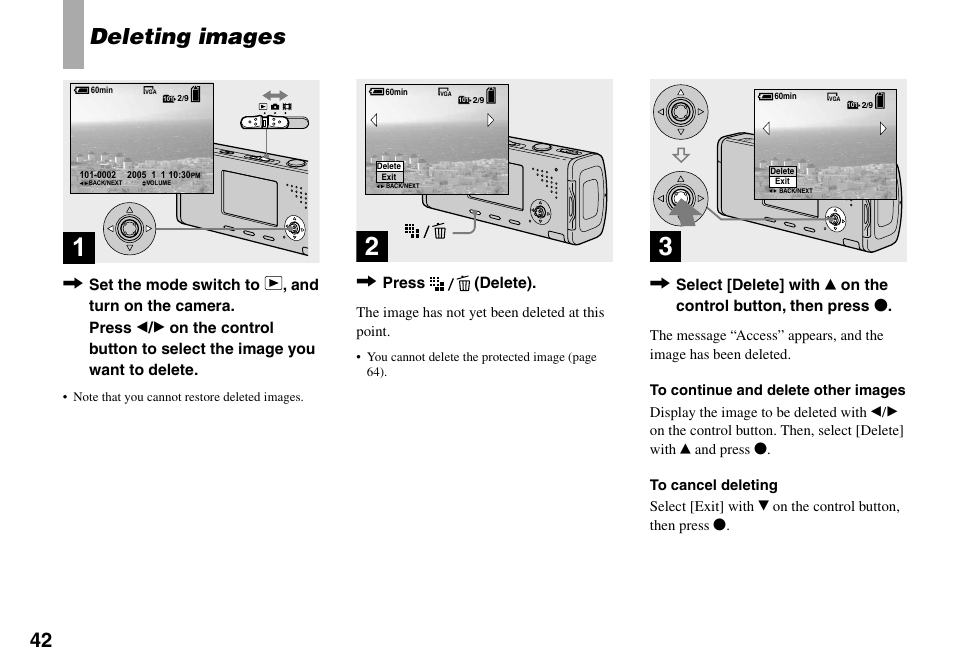 Deleting still images, Deleting images, Press (delete) | Sony Cyber-shot DSC-L1 User Manual | Page 42 / 128