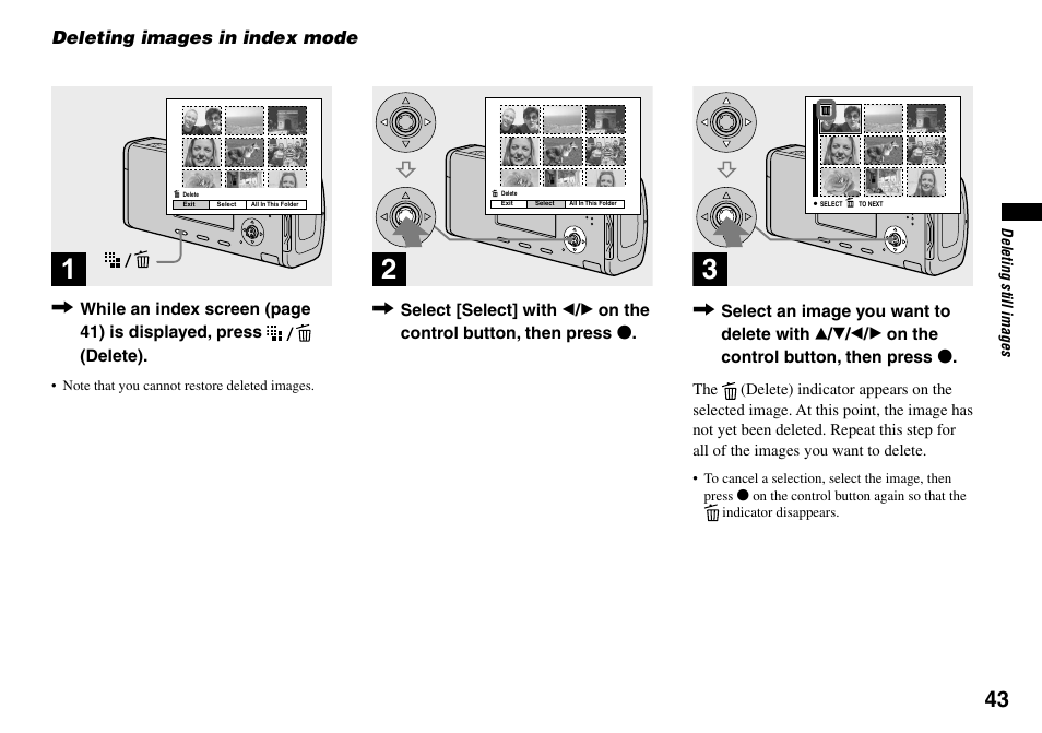 Deleting images in index mode | Sony Cyber-shot DSC-L1 User Manual | Page 43 / 128