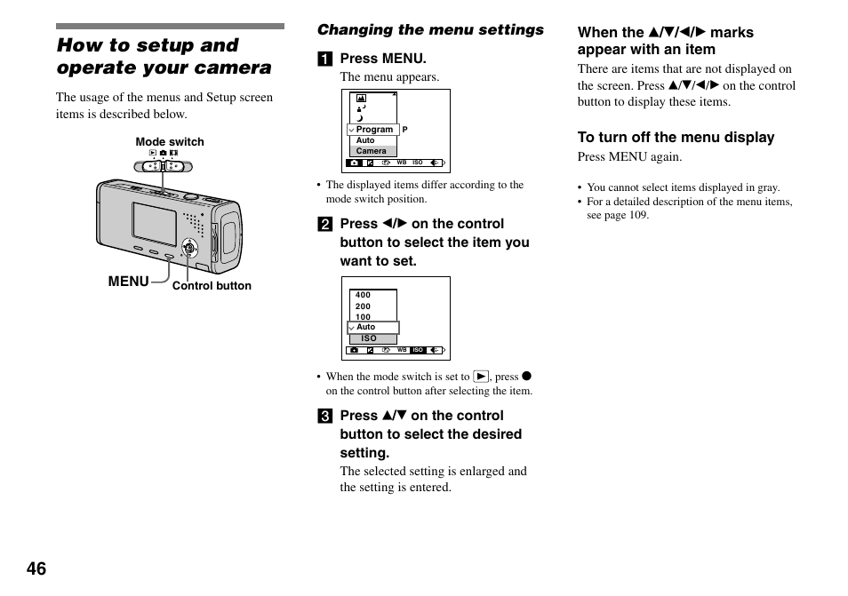 Before advanced operations, How to setup and operate your camera, Changing the menu settings | Sony Cyber-shot DSC-L1 User Manual | Page 46 / 128