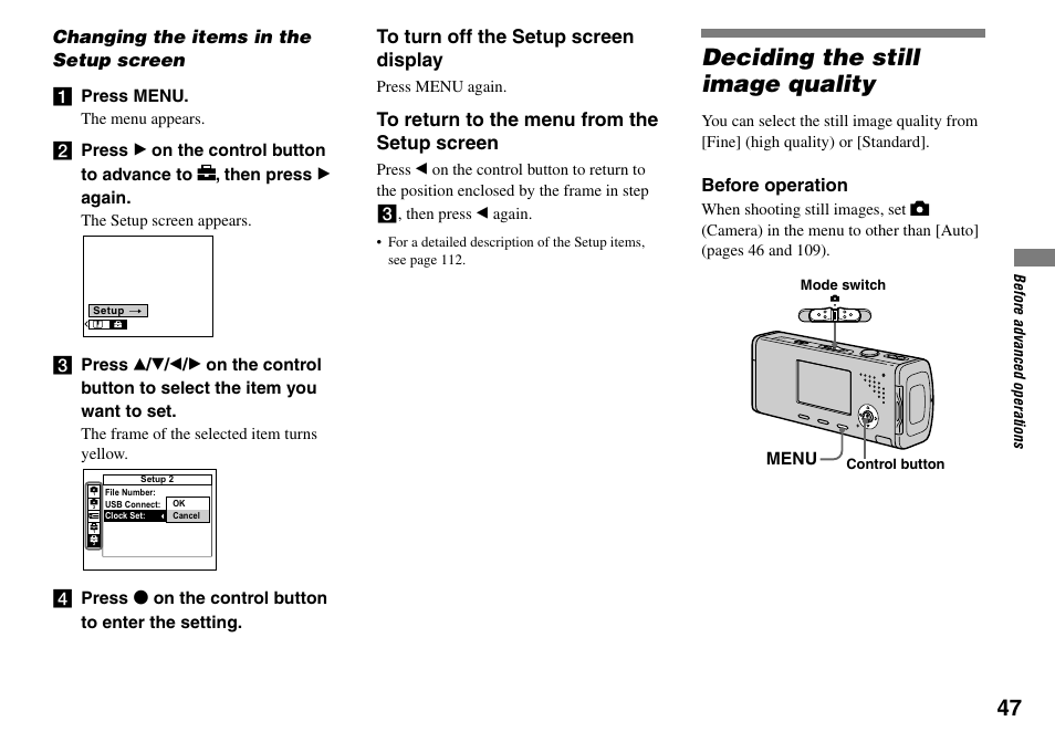 Changing the items in the, Setup screen, Deciding the still image quality | Sony Cyber-shot DSC-L1 User Manual | Page 47 / 128