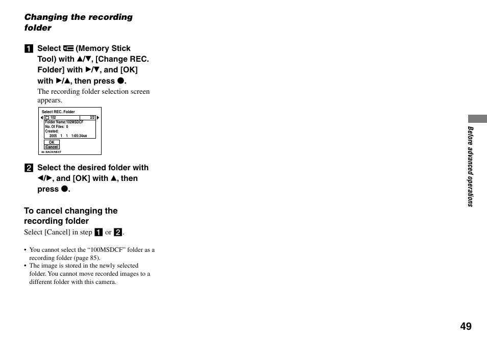 Changing the recording folder | Sony Cyber-shot DSC-L1 User Manual | Page 49 / 128