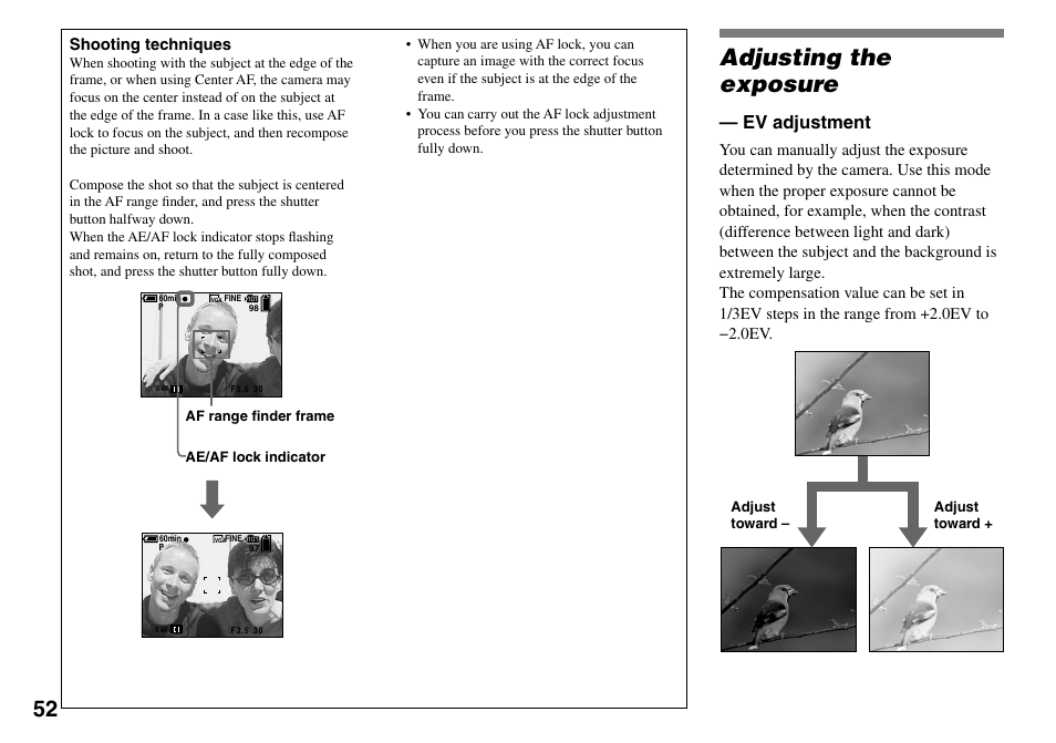 Adjusting the exposure, Ev adjustment | Sony Cyber-shot DSC-L1 User Manual | Page 52 / 128