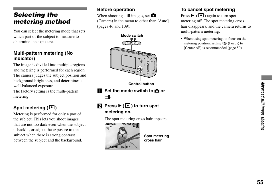 Selecting the metering method | Sony Cyber-shot DSC-L1 User Manual | Page 55 / 128