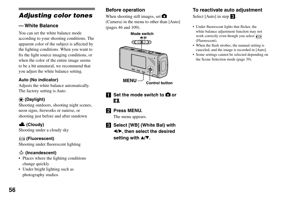 Adjusting color tones, White balance | Sony Cyber-shot DSC-L1 User Manual | Page 56 / 128