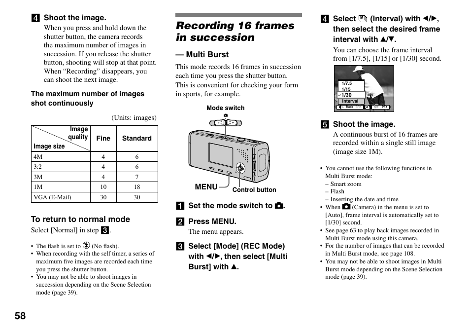 Recording 16 frames in succession, Multi burst | Sony Cyber-shot DSC-L1 User Manual | Page 58 / 128