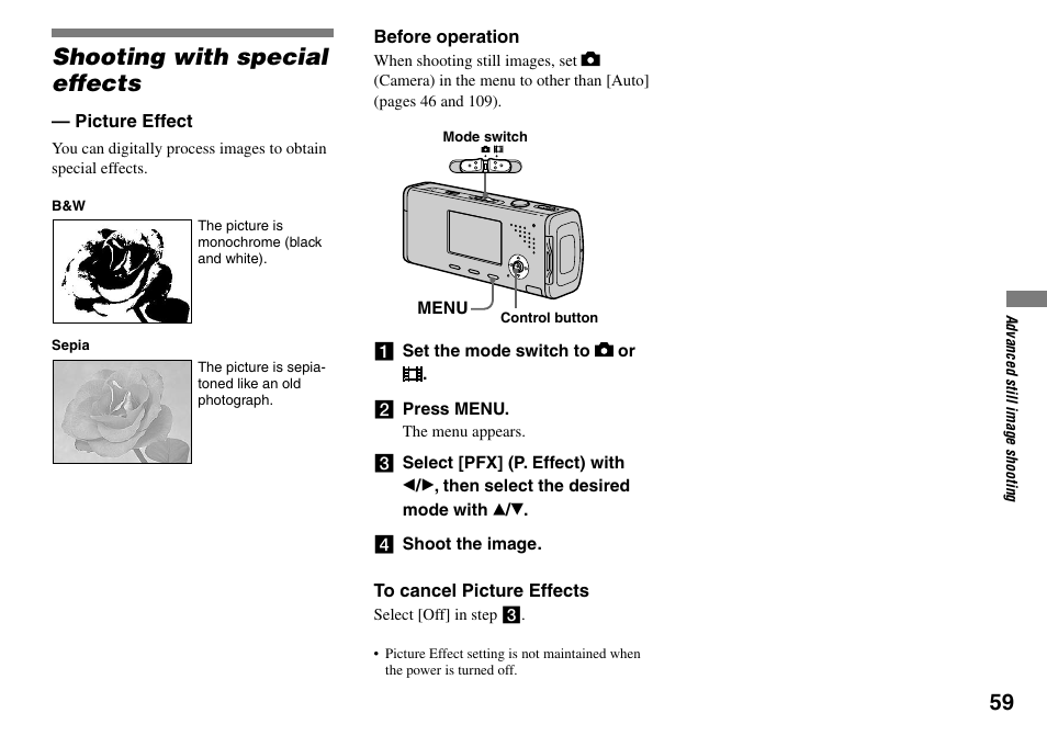 Shooting with special effects, Picture effect | Sony Cyber-shot DSC-L1 User Manual | Page 59 / 128