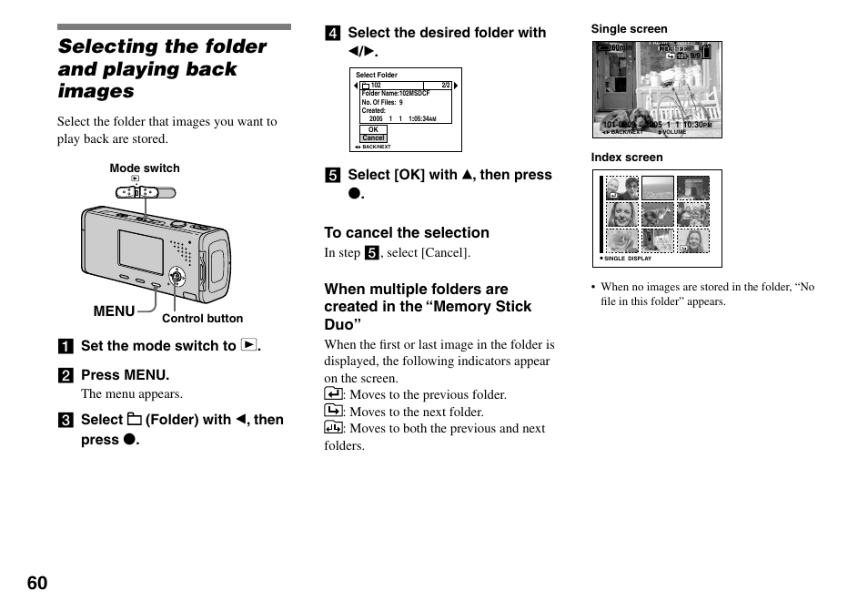 Advanced still image viewing, Selecting the folder and playing back, Images | Selecting the folder and playing back images, Menu, Set the mode switch to .  press menu, Select [ok] with  , then press | Sony Cyber-shot DSC-L1 User Manual | Page 60 / 128