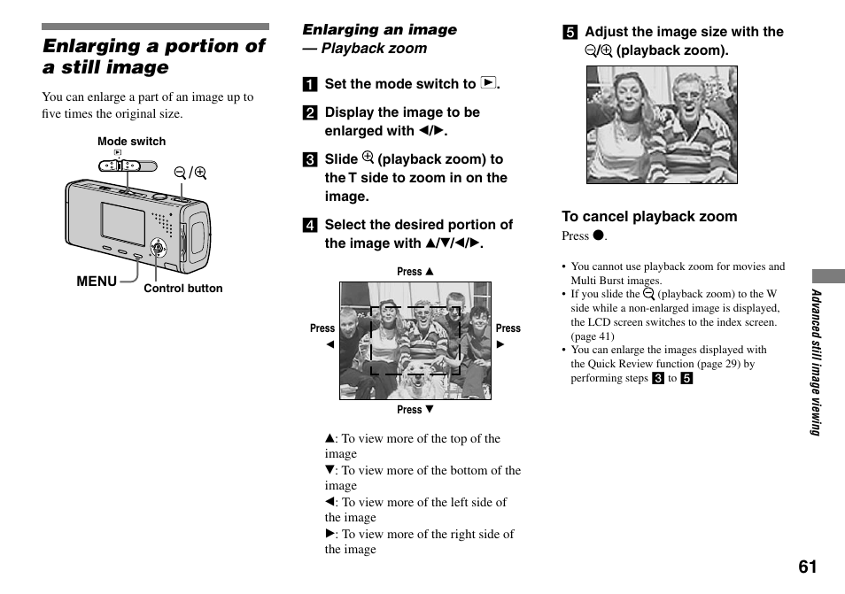 Enlarging a portion of a still image, Enlarging an image, Playback zoom | Sony Cyber-shot DSC-L1 User Manual | Page 61 / 128