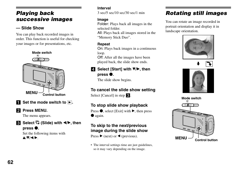 Playing back successive images, Slide show, Rotating still images | Sony Cyber-shot DSC-L1 User Manual | Page 62 / 128