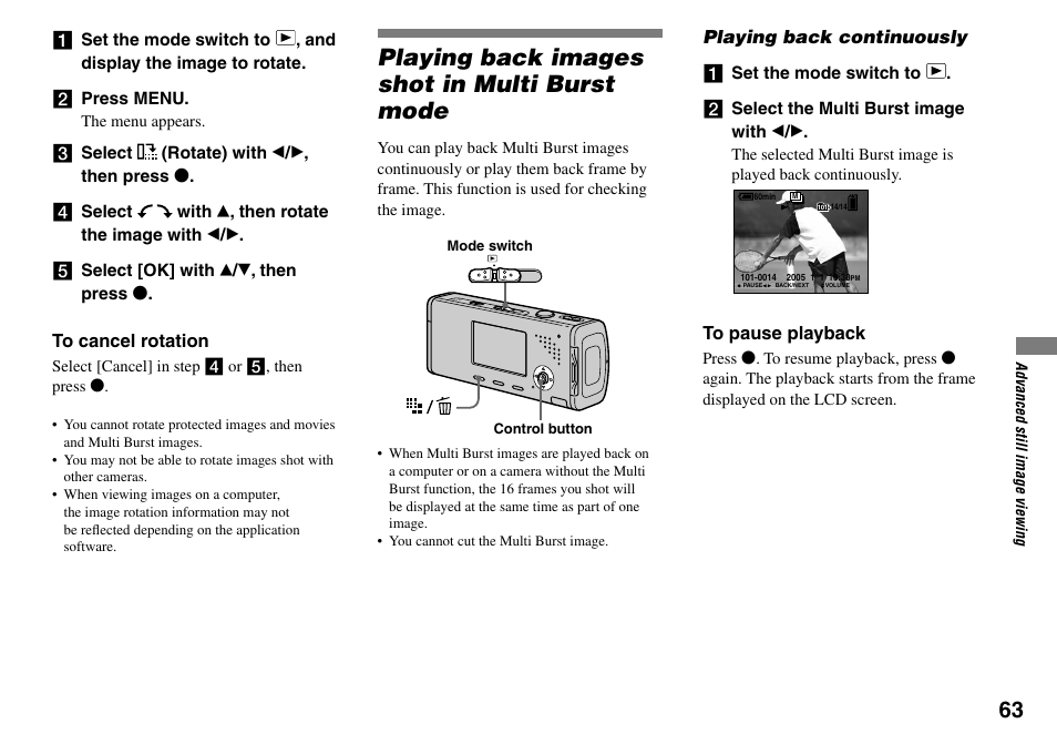 Playing back images shot in multi burst, Mode, Playing back continuously | Playing back images shot in multi burst mode | Sony Cyber-shot DSC-L1 User Manual | Page 63 / 128