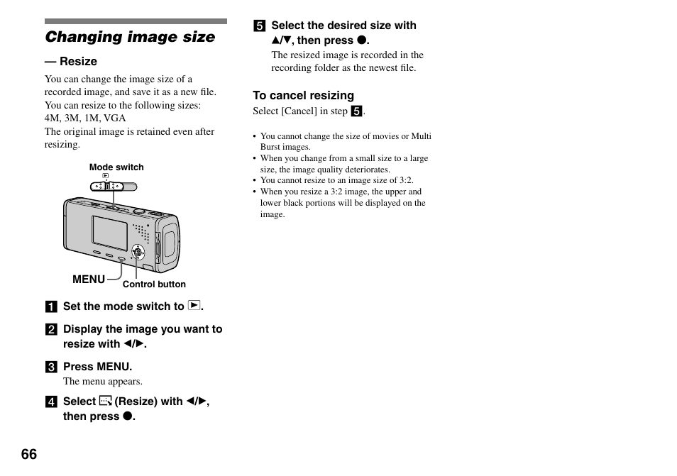 Changing image size, Resize | Sony Cyber-shot DSC-L1 User Manual | Page 66 / 128