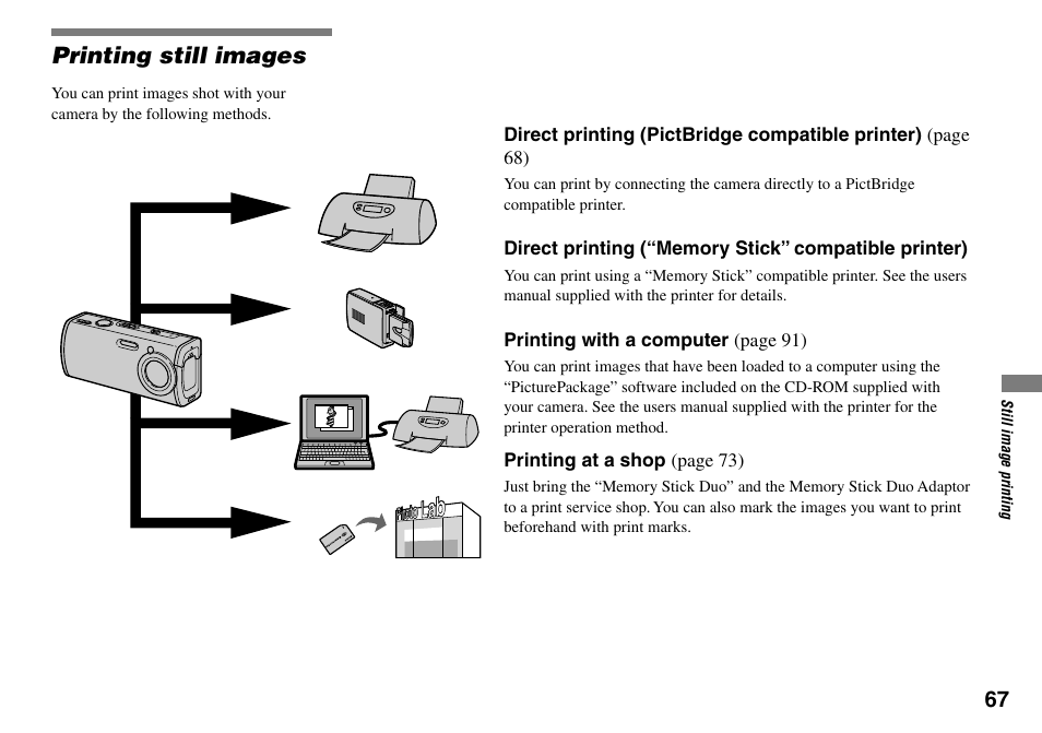 Printing still images | Sony Cyber-shot DSC-L1 User Manual | Page 67 / 128