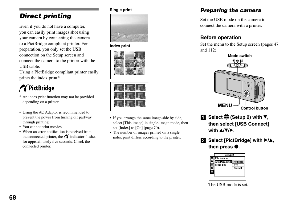 Direct printing, Preparing the camera, Before operation | Sony Cyber-shot DSC-L1 User Manual | Page 68 / 128