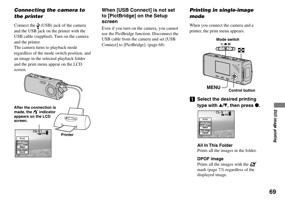 Connecting the camera to the printer, Printing in single-image mode, Menu | Sony Cyber-shot DSC-L1 User Manual | Page 69 / 128