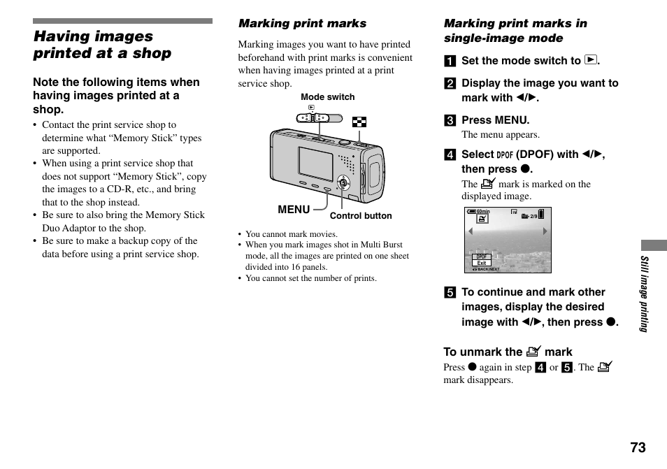 Having images printed at a shop | Sony Cyber-shot DSC-L1 User Manual | Page 73 / 128