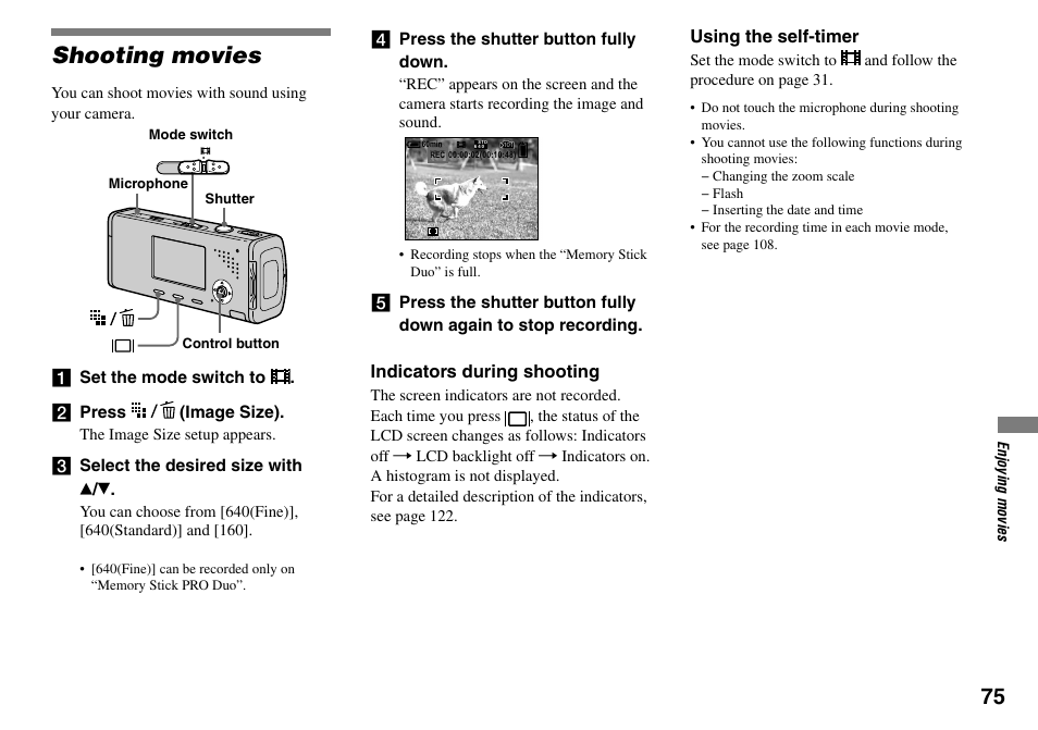 Shooting movies | Sony Cyber-shot DSC-L1 User Manual | Page 75 / 128