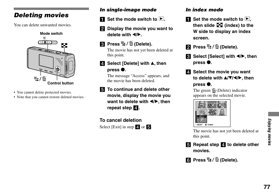 Deleting movies | Sony Cyber-shot DSC-L1 User Manual | Page 77 / 128