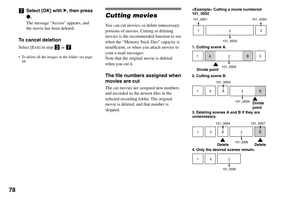 Cutting movies, The ﬁle numbers assigned when movies are cut | Sony Cyber-shot DSC-L1 User Manual | Page 78 / 128