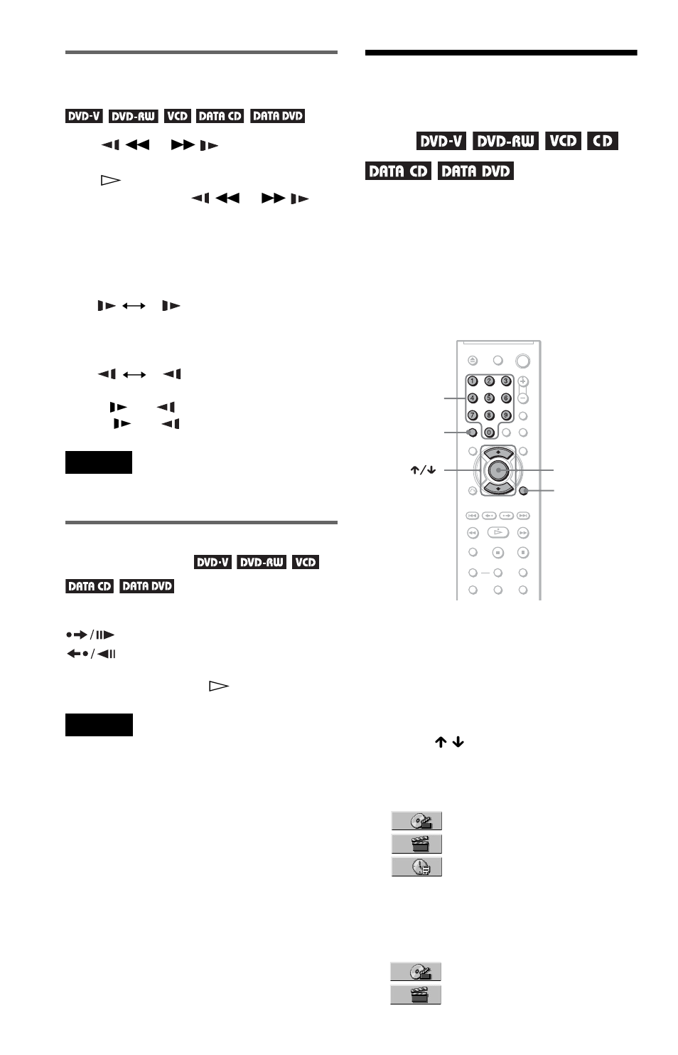 Searching for a title/chapter/track/scene, etc, Searching for a title/ chapter/track/scene, etc, Watching frame by frame (slow-motion play) | Playing one frame at a time (freeze frame) | Sony DVP-NS52P User Manual | Page 34 / 78