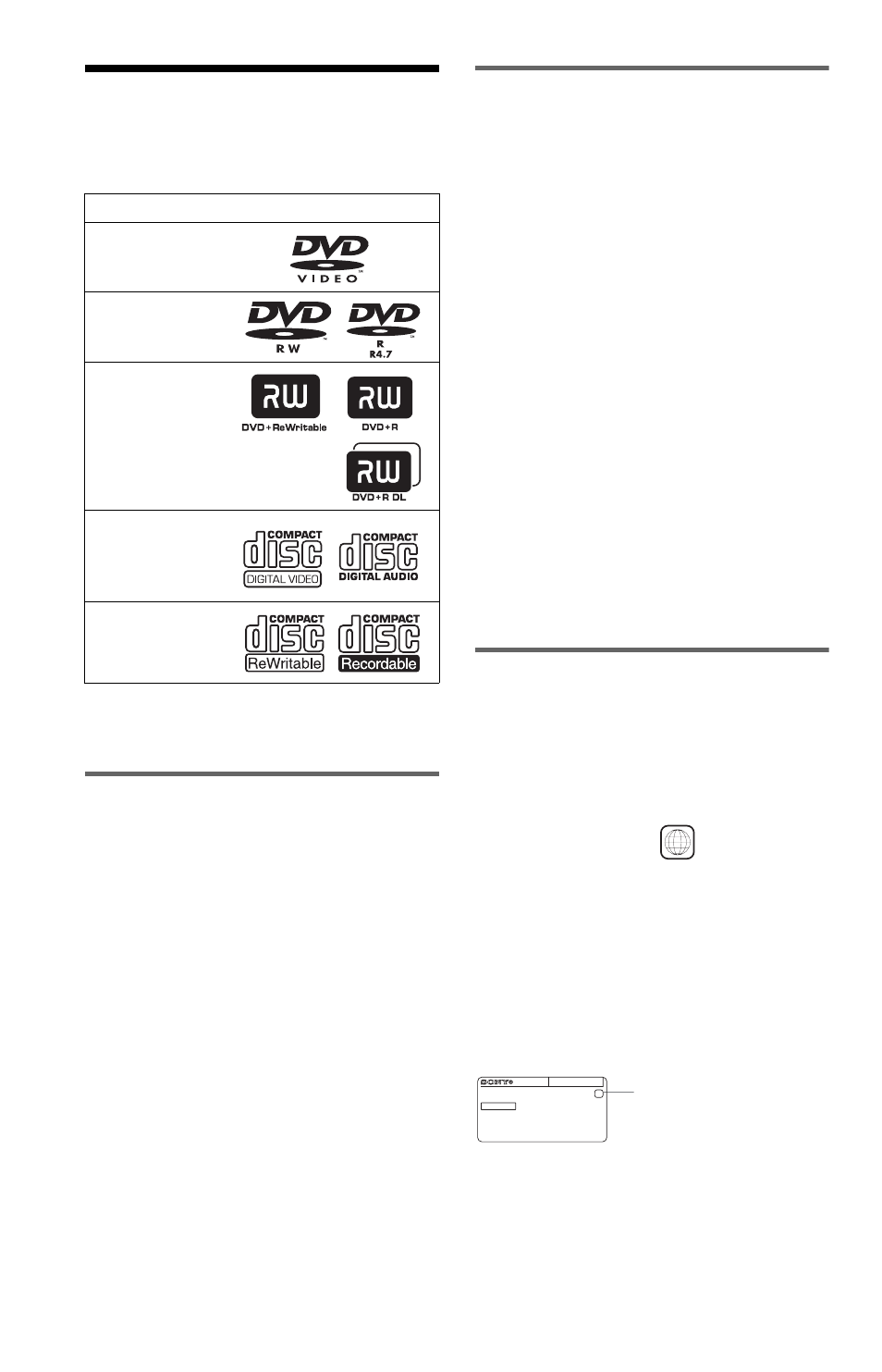 L1 - this player can play the following discs, This player can play the following discs, Example of discs that the player cannot play | Region code | Sony DVP-NS52P User Manual | Page 6 / 78