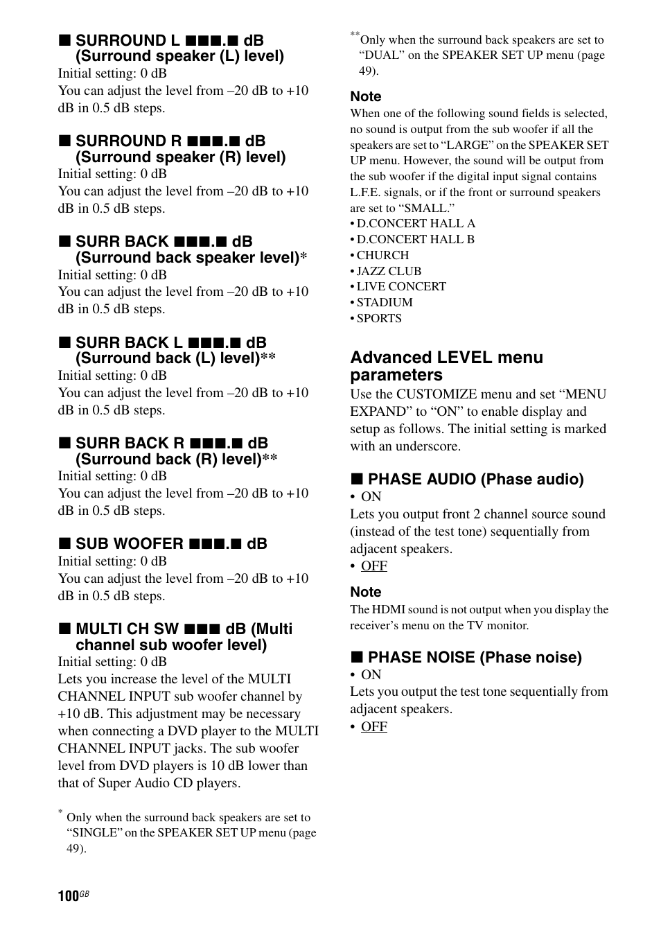 0 an, Advanced level menu parameters | Sony STR-DA7100ES User Manual | Page 100 / 139