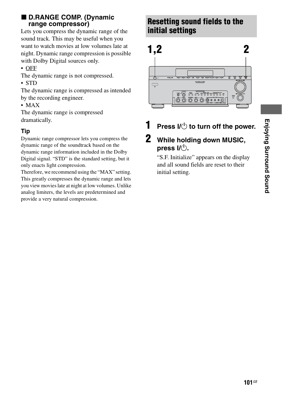 E 101), Resetting sound fields to the initial settings | Sony STR-DA7100ES User Manual | Page 101 / 139