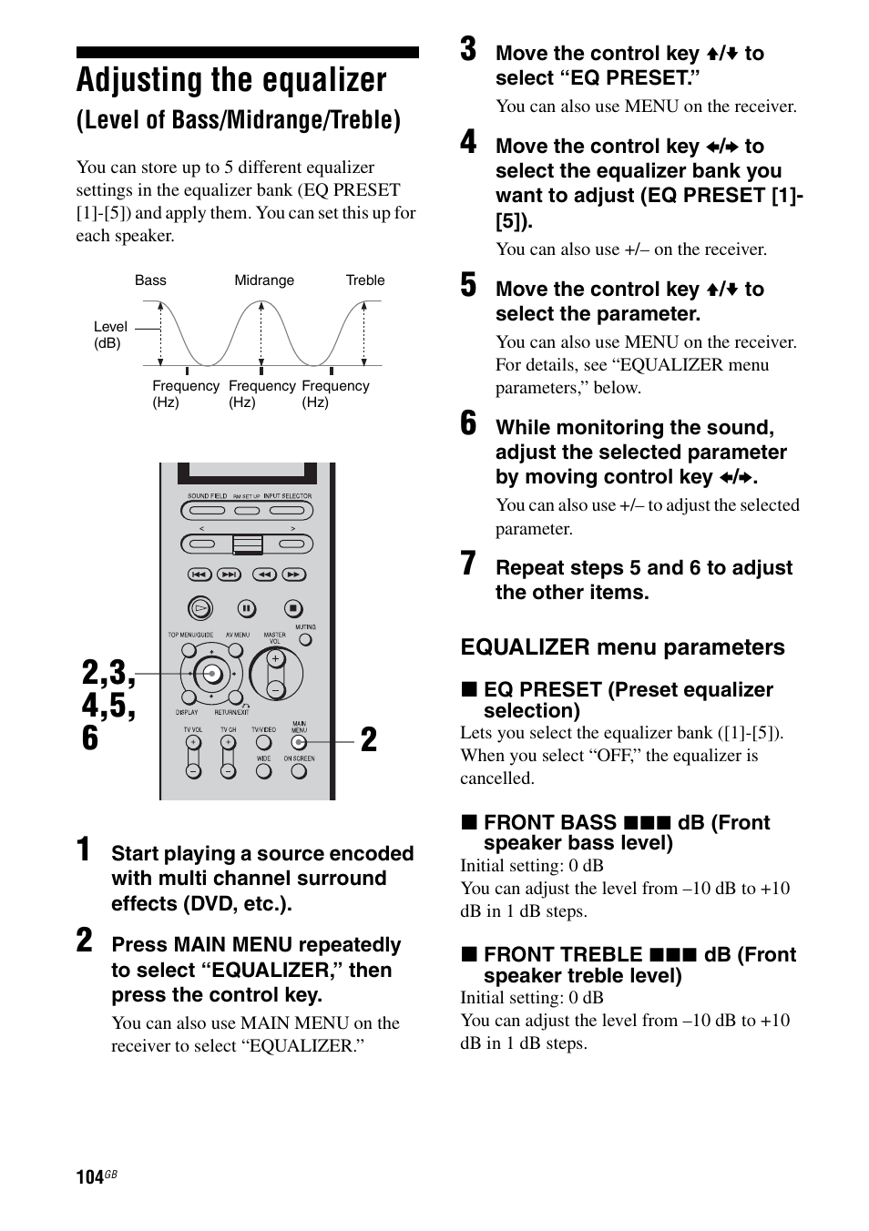 Adjusting the equalizer, Level of bass/midrange/treble) | Sony STR-DA7100ES User Manual | Page 104 / 139
