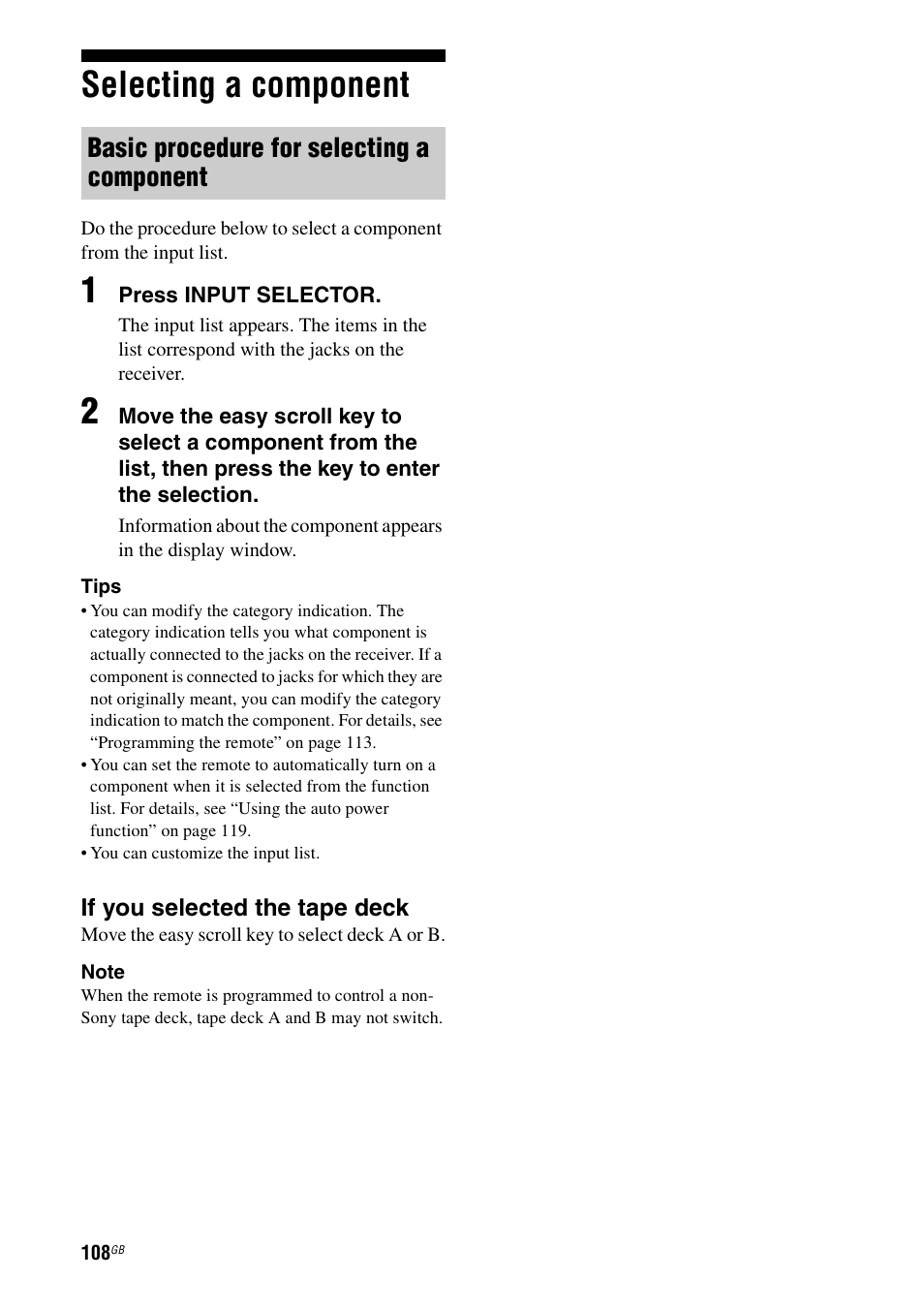 Selecting a component, Basic procedure for selecting a component | Sony STR-DA7100ES User Manual | Page 108 / 139