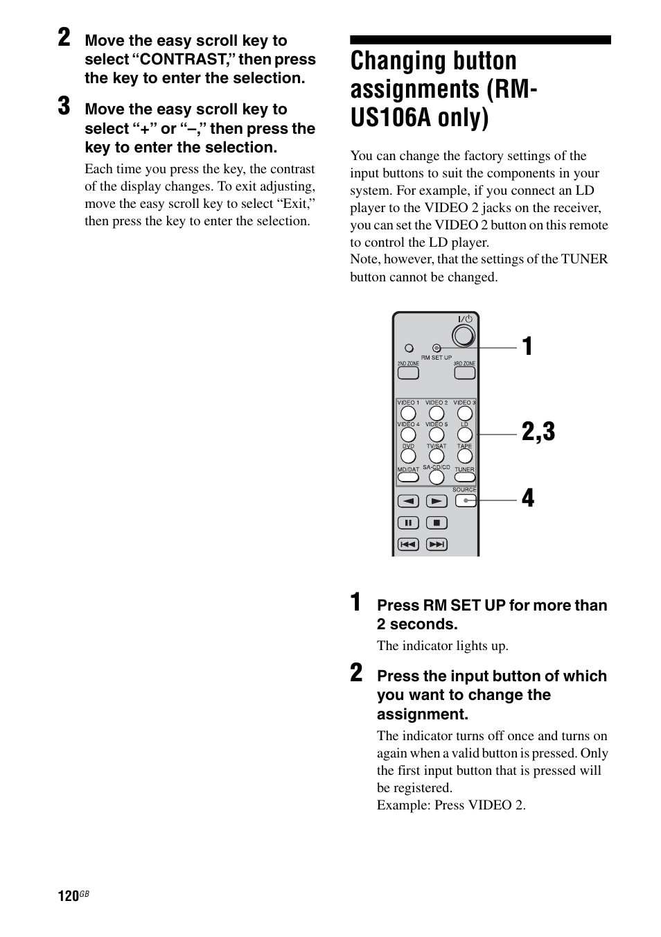 Changing button assignments (rm- us106a only), Changing button assignments (rm-us106a, Only) | Sony STR-DA7100ES User Manual | Page 120 / 139